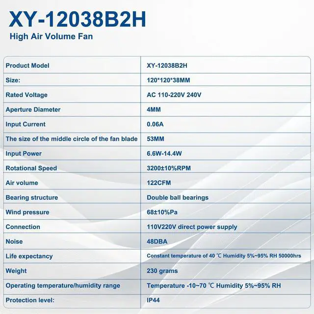 Alt view image 3 of 5 - Smtime XY-12038B2H High Air Volume Fan XY-12038B2H Cabinet Cooling Fan 110V-220V 0.06A 50/60HZ EC-Fan 12CM 120×120×38mm