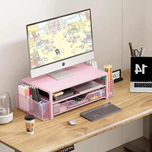 Alt view image 5 of 5 - OPNICE Desk Organizers and Accessories, 2-Tier Computer Monitor Stand Riser with Drawer and 2 Pen Holders, Office Desk Accessories for Office Supplies, Pink