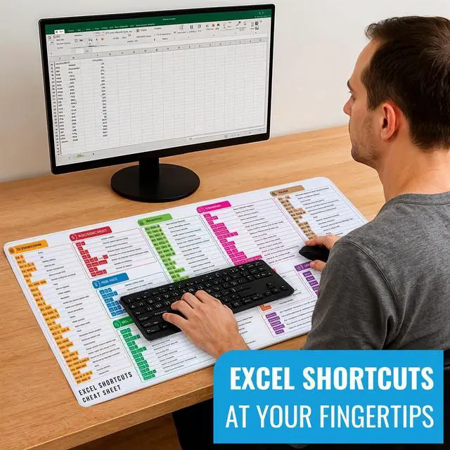 Alt view image 2 of 5 - Deskr Excel Shortcut Keys Mouse Pad | Extended XL Cheat Sheet Gaming Desk Pad | PC Office Spreadsheet Keyboard Mat | Non-Slip Stitched Edges 4mm Thick Water-Resistant - White (36x16in)