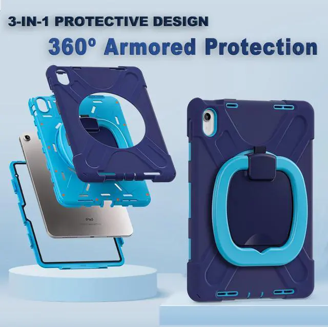 Alt view image 4 of 5 - BKOUNCTK for iPad (A16) 11th/10th Generation Case 2025/2022 (11/10.9),Heavy Sturdy Shockproof Kids Case with Screen Protector,Rotating Stand/Pencil Holder/Shoulder Strap (Navy Blue+Blue)