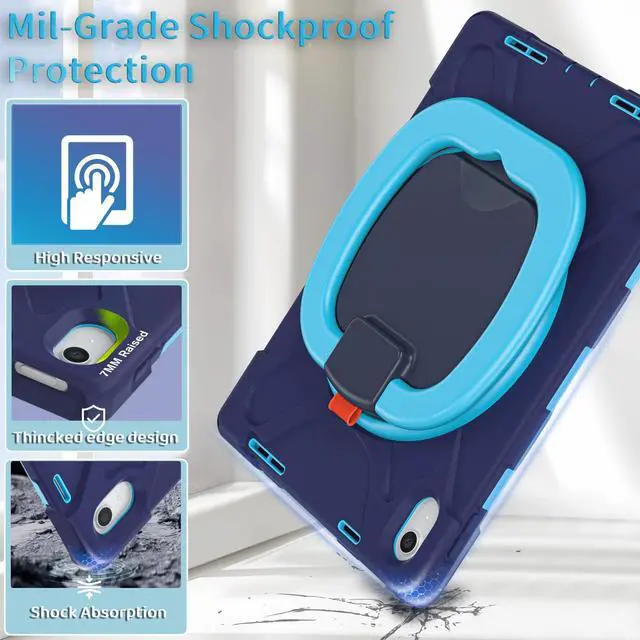 Alt view image 3 of 5 - BKOUNCTK for iPad (A16) 11th/10th Generation Case 2025/2022 (11/10.9),Heavy Sturdy Shockproof Kids Case with Screen Protector,Rotating Stand/Pencil Holder/Shoulder Strap (Navy Blue+Blue)