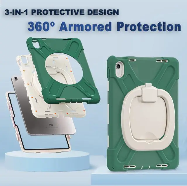 Alt view image 4 of 5 - BKOUNCTK for iPad (A16) 11th/10th Generation Case 2025/2022 (11/10.9),Heavy Sturdy Shockproof Kids Case with Screen Protector,Rotating Stand/Pencil Holder/Shoulder Strap (Emerald Green)