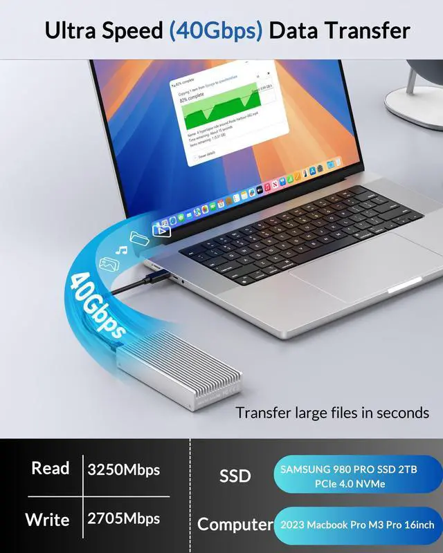 Alt view image 2 of 5 - Fanless Speedy 40Gbps M.2 NVMe SSD Enclosure, USB4/Thunderbolt 4 Aluminum External NVMe Enclosure with Finned Dustproof Cooling Design, Supports M.2 PCIe SSD up to 8TBSilver