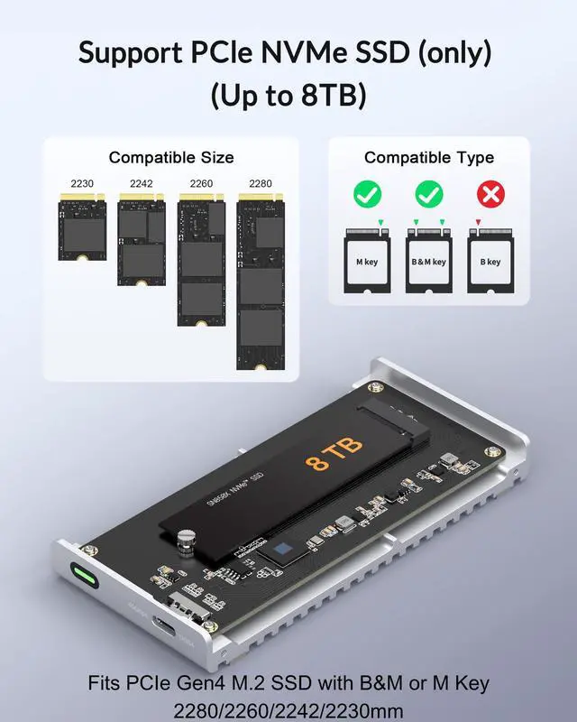 Alt view image 3 of 5 - Fanless Speedy 40Gbps M.2 NVMe SSD Enclosure, USB4/Thunderbolt 4 Aluminum External NVMe Enclosure with Finned Dustproof Cooling Design, Supports M.2 PCIe SSD up to 8TBSilver