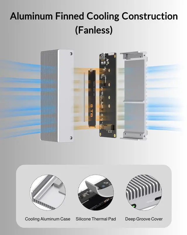 Alt view image 4 of 5 - Fanless Speedy 40Gbps M.2 NVMe SSD Enclosure, USB4/Thunderbolt 4 Aluminum External NVMe Enclosure with Finned Dustproof Cooling Design, Supports M.2 PCIe SSD up to 8TBSilver