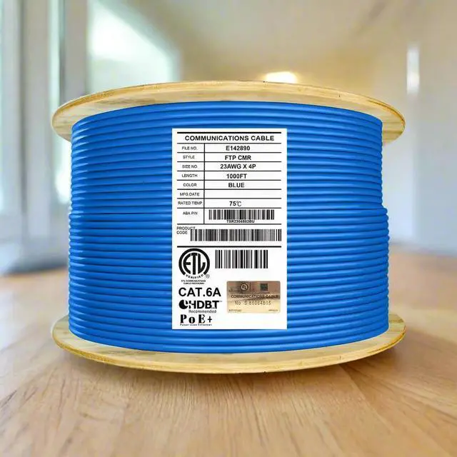Main image of Elite Cat6A Shielded Riser (CMR), 1000ft, FTP 23AWG, Solid Bare Copper, 650MHz, 10Gb Speeds, UL Listed, UL-LP Certification, Higher Performance PoE, Bulk Ethernet Cable Reel, Blue