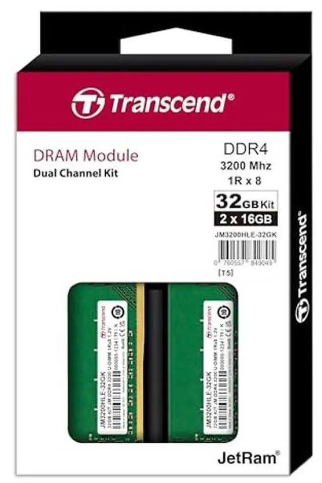 Alt view image 2 of 5 - Transcend 32GB Kit (2x16GB) DDR4 RAM, 3200MHz (or 2666MHz) Desktop Memory UDIMM Compatible w/Intel & AMD Ryzen PC Memory Module, PC4-25600 1Rx8 2Gx8 CL22 1.2V 288 Pin Unbuffered Gaming Desktop Memory