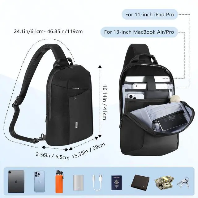 Alt view image 2 of 5 - MoKo Compact EDC Sling Bag for New 13-inch iPad Pro M4/Air M2, Minimalist Chest Shoulder Crossbody Bag for Men Women Daily Use, Single Strap Daypack for New 13" MacBook Air/14 MacBook Pro, Black
