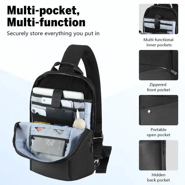 Alt view image 5 of 5 - MoKo Compact EDC Sling Bag for New 13-inch iPad Pro M4/Air M2, Minimalist Chest Shoulder Crossbody Bag for Men Women Daily Use, Single Strap Daypack for New 13" MacBook Air/14 MacBook Pro, Black