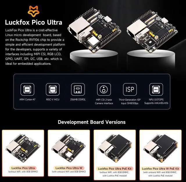 Alt view image 3 of 5 - Waveshare Luckfox Pico Ultra RV1106 Linux Micro Development Board, Integrates ARM Cortex-A7/RISC-V MCU/NPU/ISP Processors, with 8GB EMMC, with PoE Module