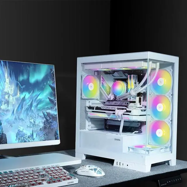 Alt view image 2 of 5 - SAMA V50WH Mid Tower ATX PC Case, Dual Tempered Glass Panels, 4×120mm ARGB PWM Fans, High Airflow Chassis with 360mm Radiator Support, USB-C Port, Easy Cable Management  White