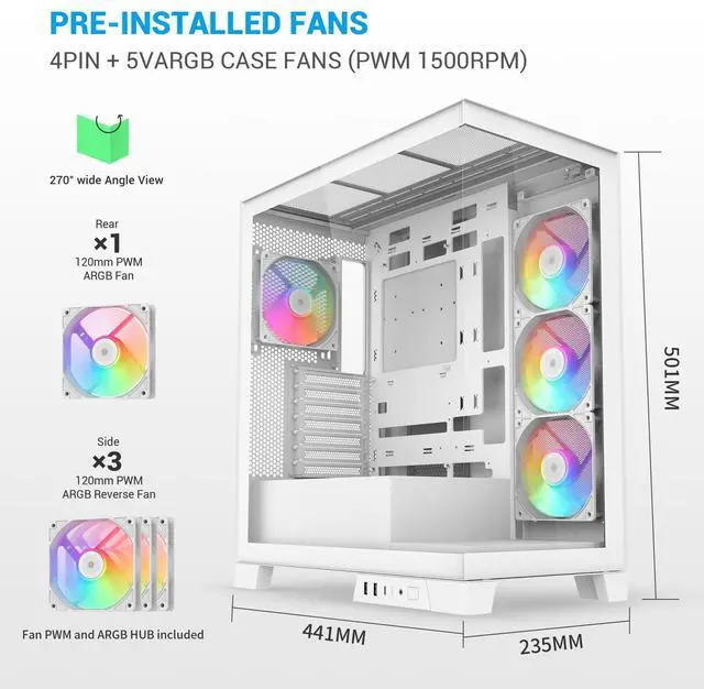 Alt view image 3 of 5 - SAMA V50WH Mid Tower ATX PC Case, Dual Tempered Glass Panels, 4×120mm ARGB PWM Fans, High Airflow Chassis with 360mm Radiator Support, USB-C Port, Easy Cable Management  White