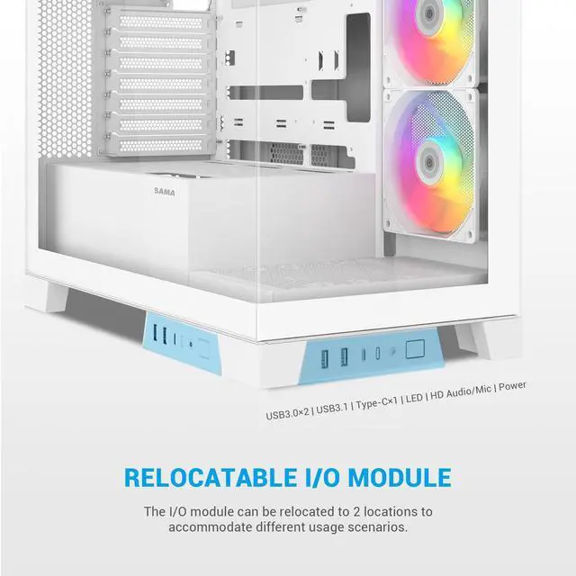 Alt view image 4 of 5 - SAMA V50WH Mid Tower ATX PC Case, Dual Tempered Glass Panels, 4×120mm ARGB PWM Fans, High Airflow Chassis with 360mm Radiator Support, USB-C Port, Easy Cable Management  White