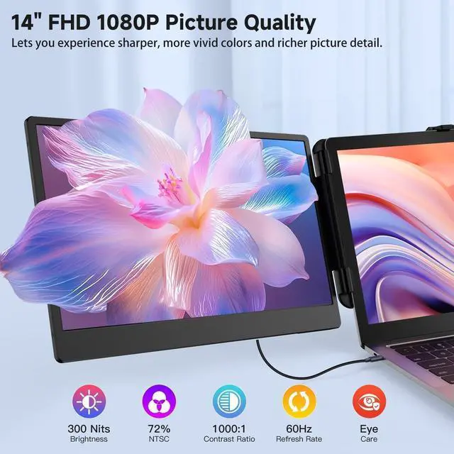 Alt view image 2 of 5 - UK BONITOYS Laptop Screen Extender, 14" FHD 1080P Monitor Extender, Plug & Play, Updated Alloy Stand, Triple Monitor for 13"-16.5" Laptops, Compatible with Windows, Mac, Chrome