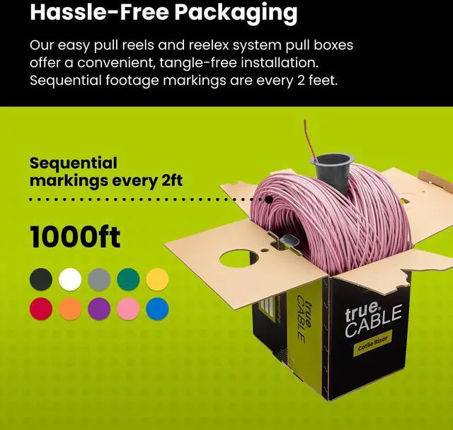 Alt view image 5 of 5 - trueCABLE Cat5e Riser (CMR), 1000ft, Pink, 24AWG 4 Pair Solid Bare Copper, 350MHz, PoE++ (4PPoE), ETL Listed, Unshielded Twisted Pair (UTP), Bulk Ethernet Cable