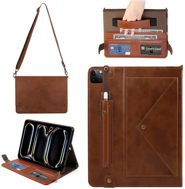 Main image of Handbag Case for iPad Pro 13-inch M4 2024 7th Gen, Techcircle Folio Stand PU Leather Crossbody Wallet Case with Pencil Holder, Hand Strap & Shoulder Strap, Coffee