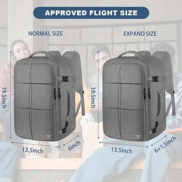 Alt view image 2 of 5 - Carry On Backpack, Travel Backpack Flight Approved with USB Charging Port, 55L Expandable Weekender Daypack Overnight Fits 18.4 Inch Laptops Suitcase Bag, Grey