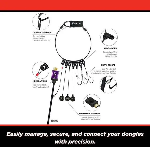Alt view image 2 of 5 - SimplyAV The Dongler Unloaded Universal Dongle & Adapter Ring Holder - Includes Combination Lock, 3 Dongle & Adapter Harnesses, 1 HDMI Harness - Secure Hold - DO-U001