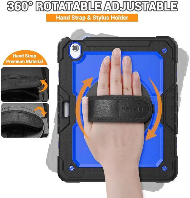 Alt view image 3 of 5 - SEYMAC for iPad Air 13 Inch Case M3 2025/ M2 2024, Heavy Duty Shockproof Protective Case with Screen Protector, 360° Rotating Stand, Hand/Shoulder Strap and Pen Holder for iPad Air 13, Blue