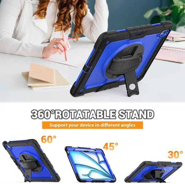 Alt view image 4 of 5 - SEYMAC for iPad Air 13 Inch Case M3 2025/ M2 2024, Heavy Duty Shockproof Protective Case with Screen Protector, 360° Rotating Stand, Hand/Shoulder Strap and Pen Holder for iPad Air 13, Blue