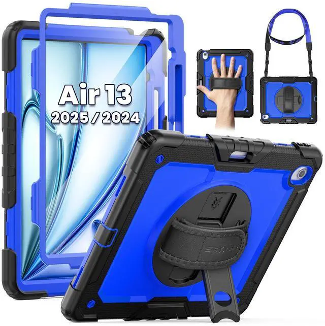 Main image of SEYMAC for iPad Air 13 Inch Case M3 2025/ M2 2024, Heavy Duty Shockproof Protective Case with Screen Protector, 360° Rotating Stand, Hand/Shoulder Strap and Pen Holder for iPad Air 13, Blue