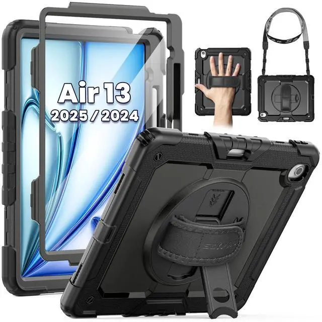 Main image of SEYMAC for iPad Air 13 Inch Case M3 2025/ M2 2024, Heavy Duty Shockproof Protective Case with Screen Protector, 360° Rotating Stand, Hand/Shoulder Strap and Pen Holder for iPad Air 13, Black
