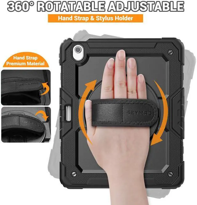 Alt view image 3 of 5 - SEYMAC for iPad Air 13 Inch Case M3 2025/ M2 2024, Heavy Duty Shockproof Protective Case with Screen Protector, 360° Rotating Stand, Hand/Shoulder Strap and Pen Holder for iPad Air 13, Black