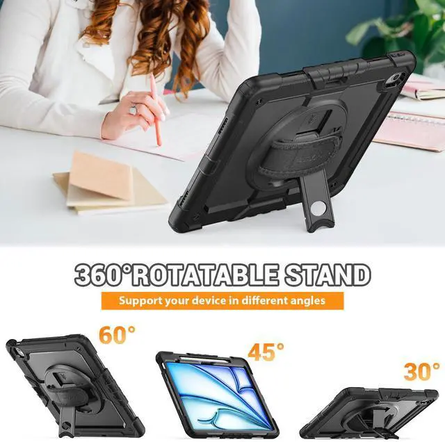 Alt view image 4 of 5 - SEYMAC for iPad Air 13 Inch Case M3 2025/ M2 2024, Heavy Duty Shockproof Protective Case with Screen Protector, 360° Rotating Stand, Hand/Shoulder Strap and Pen Holder for iPad Air 13, Black