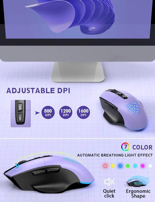 Alt view image 4 of 5 - Wireless Keyboard and Mouse Backlits, Wrist Rest, LED Mouse, Rechargeable Ergonomic Keyboard with Phone Holder, Silent Light Up Combo for Computer, Mac, PC, Laptop, Chromebook (Purple)