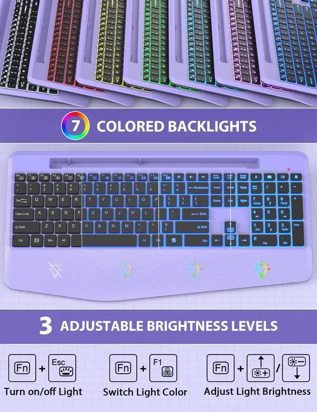 Alt view image 2 of 5 - Wireless Keyboard and Mouse Backlits, Wrist Rest, LED Mouse, Rechargeable Ergonomic Keyboard with Phone Holder, Silent Light Up Combo for Computer, Mac, PC, Laptop, Chromebook (Purple)