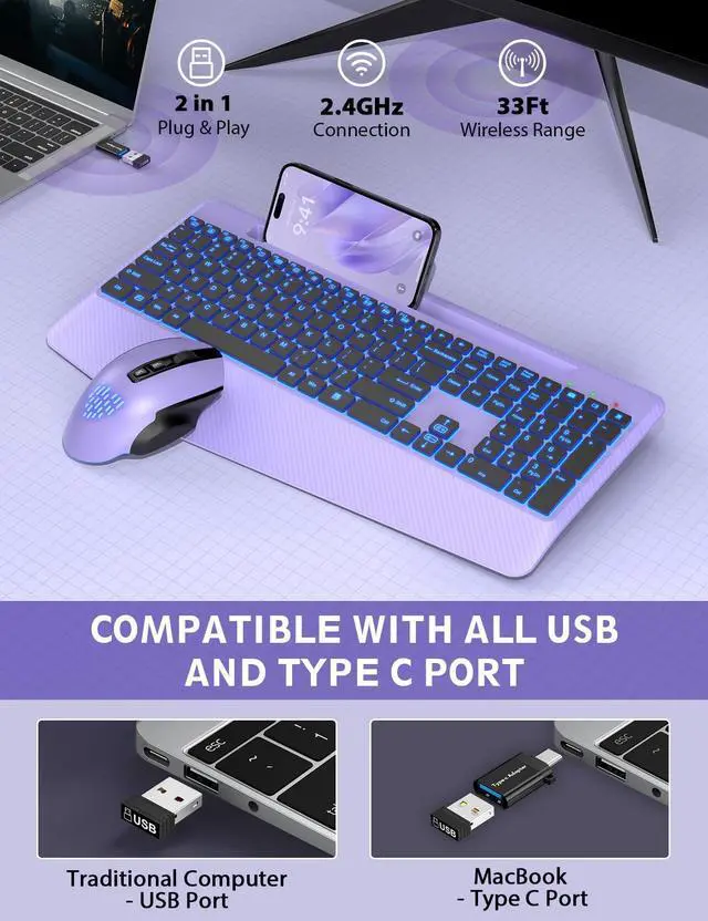Alt view image 5 of 5 - Wireless Keyboard and Mouse Backlits, Wrist Rest, LED Mouse, Rechargeable Ergonomic Keyboard with Phone Holder, Silent Light Up Combo for Computer, Mac, PC, Laptop, Chromebook (Purple)