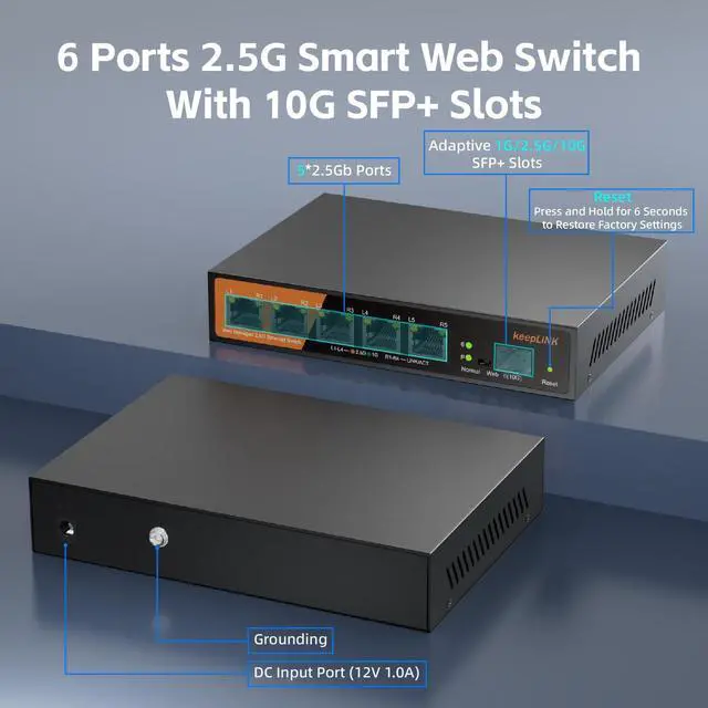 Alt view image 2 of 5 - keepLiNK 6 Port 2.5G Web Smart Managed Ethernet Switch with 5 x 2.5G Base-T Ports, 1 x 10G SFP+, Static Aggregation, QoS/VLAN/IGMP, Metal Housing Fanless, Desktop/Wall-Mount