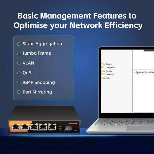 Alt view image 4 of 5 - keepLiNK 6 Port 2.5G Web Smart Managed Ethernet Switch with 5 x 2.5G Base-T Ports, 1 x 10G SFP+, Static Aggregation, QoS/VLAN/IGMP, Metal Housing Fanless, Desktop/Wall-Mount