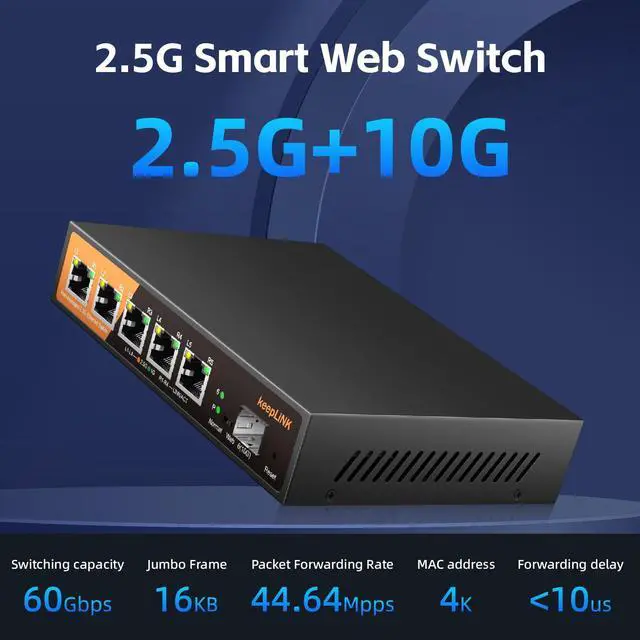 Alt view image 3 of 5 - keepLiNK 6 Port 2.5G Web Smart Managed Ethernet Switch with 5 x 2.5G Base-T Ports, 1 x 10G SFP+, Static Aggregation, QoS/VLAN/IGMP, Metal Housing Fanless, Desktop/Wall-Mount