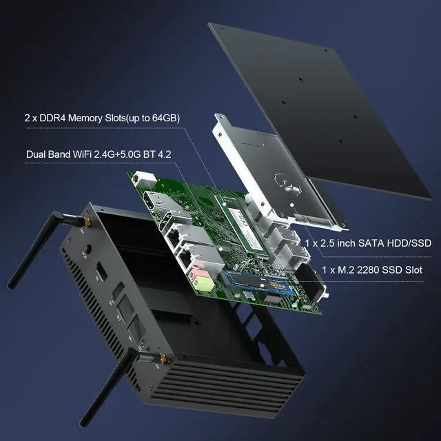Alt view image 3 of 5 - HISTTON Fanless Mini PC Industrial PC, Dual Core Core i5-8265U, DDR4 16GB RAM 512GB SSD, 2 RS232 COM, 2 LAN, 2 HD Dual Output, USB3.0, Dual WiFi, BT4.2, Mini Desktop PC, Windows 11 Pro Mini Computer