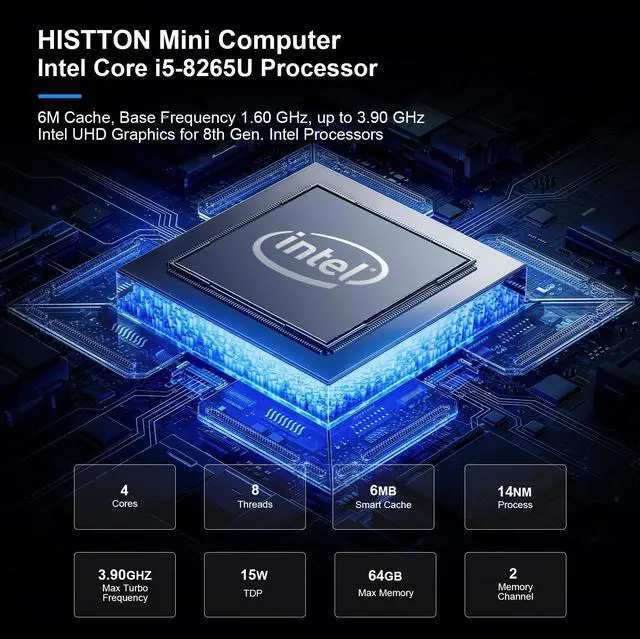 Alt view image 2 of 5 - HISTTON Fanless Mini PC Industrial PC, Dual Core Core i5-8265U, DDR4 16GB RAM 512GB SSD, 2 RS232 COM, 2 LAN, 2 HD Dual Output, USB3.0, Dual WiFi, BT4.2, Mini Desktop PC, Windows 11 Pro Mini Computer