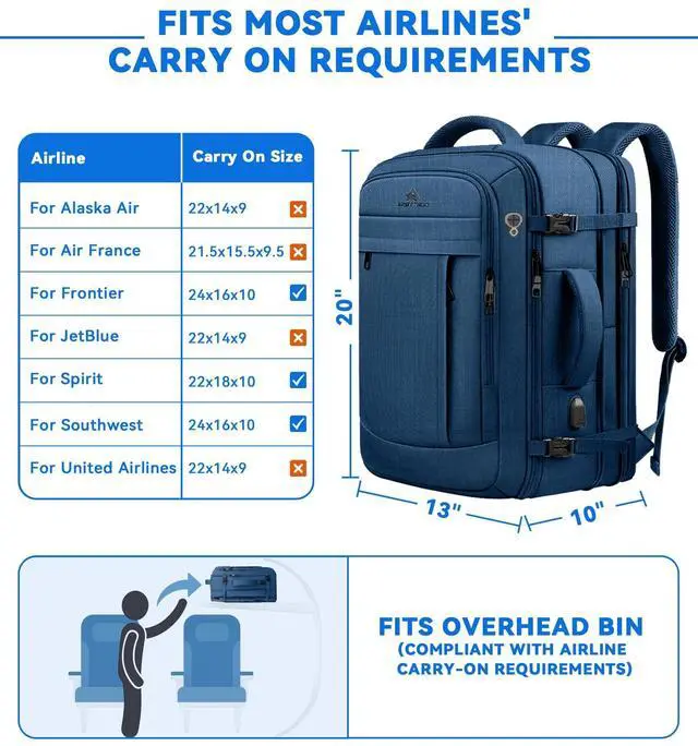 Alt view image 3 of 5 - AREYTECO Large Travel Laptop Backpack for Men, 50L Carry On Backpack Flight Approved, Expandable Laptop Bag Water Resistant Overnight Weekender Gym Daypack Traveling Backpack, Traveler Gifts, Blue