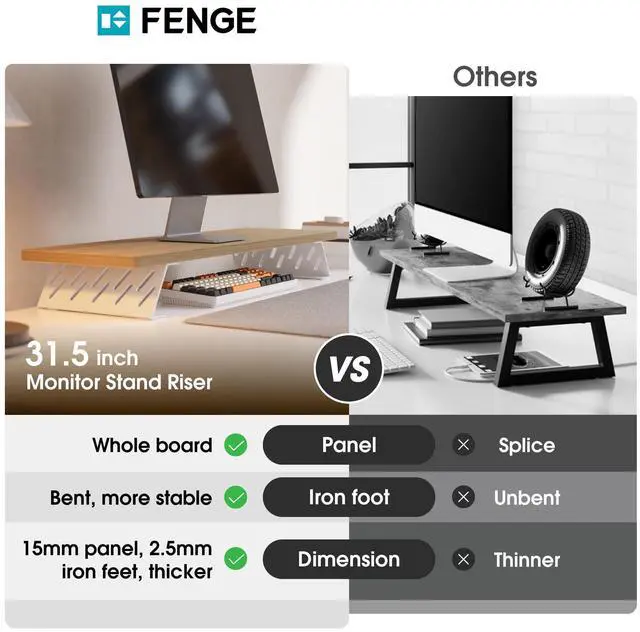 Alt view image 3 of 5 - Fenge Monitor Stand Riser, 32 Inch Desk Top Shelf for 2 Monitors, Computer Stands for Desk, Wood & Steel Desktop Riser for Laptop, PC, Printer