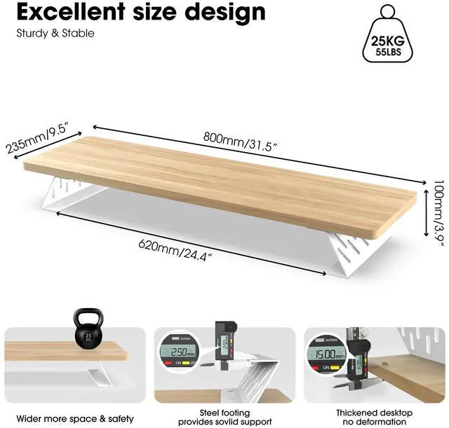 Alt view image 5 of 5 - Fenge Monitor Stand Riser, 32 Inch Desk Top Shelf for 2 Monitors, Computer Stands for Desk, Wood & Steel Desktop Riser for Laptop, PC, Printer