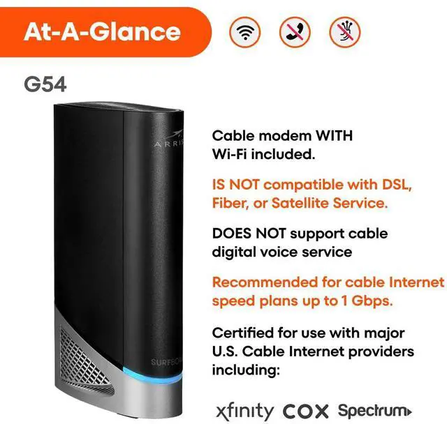 Alt view image 5 of 5 - ARRIS (G54) - Cable Modem Router Combo - Fast DOCSIS 3.1 Multi-Gigabit & BE 18000 WiFi 7 Comcast Xfinity, Cox, Spectrum Quad-Band 1, Up to 18 Gbps Max Speed