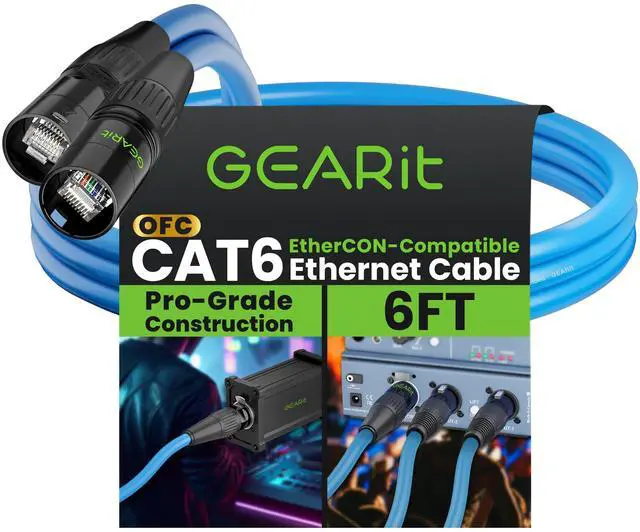 Main image of GEARit Shielded CAT6 Ethercon Cable (6 Feet) Professional Audio & Lighting RJ45 EtherCON-Compatible Cable for Studio, Stage, Concerts - 6ft Blue