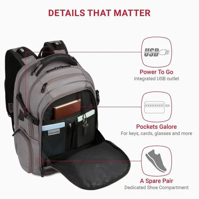 Alt view image 3 of 5 - SwissGear Travel Tech Elite Laptop Backpack  Fits Laptops up to 16  ScanSmart TSA-Friendly Backpack with USB Port, Shoe Compartment & Organizer Pockets  Grey Ballistic