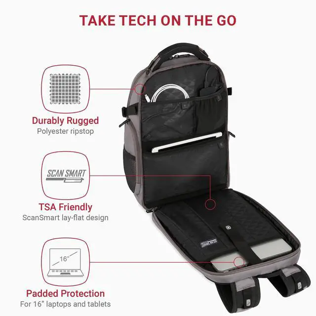 Alt view image 2 of 5 - SwissGear Travel Tech Elite Laptop Backpack  Fits Laptops up to 16  ScanSmart TSA-Friendly Backpack with USB Port, Shoe Compartment & Organizer Pockets  Grey Ballistic