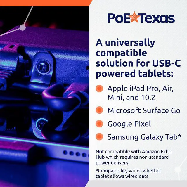 Alt view image 4 of 5 - PoE Texas Gigabit PoE+ to USB-C 3.0 Power and Data Delivery for 25w Tablets - 802.3at Power Over Ethernet Adapter - Active PoE Adapter for iPad Pro 12.9, Surface Go, Galaxy Tab at POS Stations, Kiosks