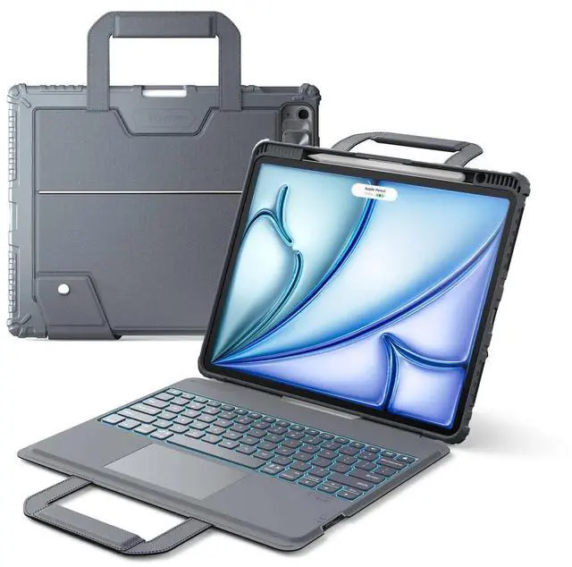 Main image of Nillkin Carry Go Keyboard Case for iPad Air 13 inch (M3/M2) with Handle, iPad Pro 12.9 (3rd/4th/5th/6th Gen) Rugged Case with Detachable Keyboard, Magic Trackpad, 7 Colors Backlit, Camera Cover, Gray