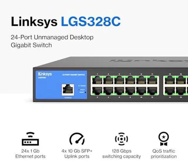 Alt view image 2 of 5 - Linksys LGS328C 24 Port Gigabit Managed Network Switch with 4 x 10G Uplink SFP+ Slots - Advanced Security, QoS, Static Routing, VLAN, IGMP Features - Metal Housing, Desktop / Wall Mount