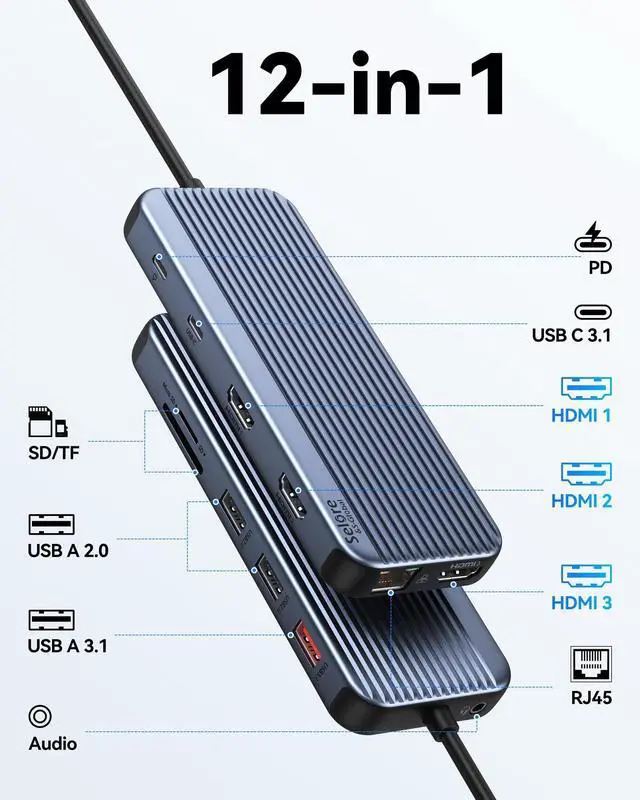 Alt view image 2 of 5 - USB C Docking Station 3 HDMI, Docking Station 3 Monitors,12 in 1 Docking Station Dual Monitor, Laptop Docking Station Triple HDMI with 10Gbps USB A/C 3.1,USB 2.0,100W PD,Ethernet, Audio&Mic,SD&TF Slot