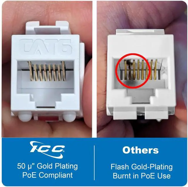 Alt view image 2 of 5 - ICC CAT6 Keystone Jack with Slim Profile 180 Degree Punch Down, RJ45 UL Listed PoE++ TAA Compliant for Wall Plate or Patch Panel, Works with JackEasy Termination Tool, White 25 Pack