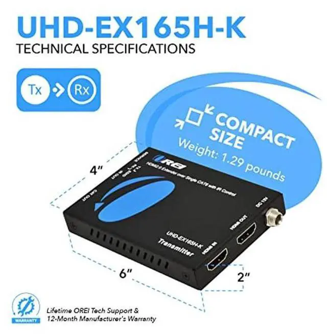 Alt view image 5 of 5 - OREI HDMI Extender UltraHD Over Single Cat6/Cat7 Cable 4K @ 60Hz with HDR & IR Control - Up to 165 ft EDID Management