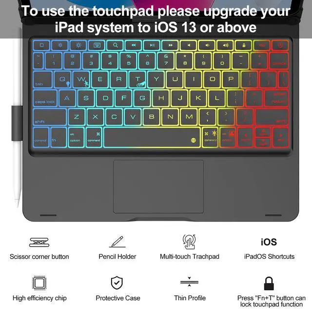 Alt view image 4 of 5 - for iPad 11th 10th Generation Case with Keyboard 360° Rotatable, 7 Color Backlight & Multi-Touch Trackpad, Smart Protective Case with Pencil Holder for iPad 11 inch A16 2025/10th Gen 10.9 inch 2022